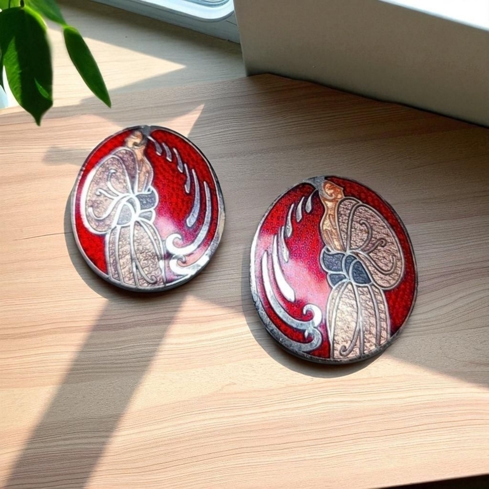 Roman vintage cloisonne enamel earrings red Enamal silver tone art deco earrings